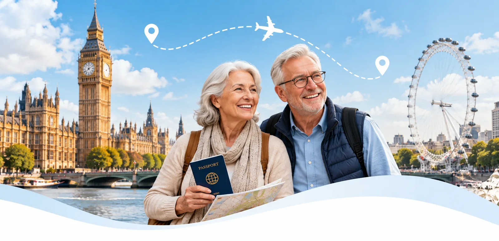 Senior travelers with UK passport in front of Big Ben and the London Eye, ready to apply for their UK ETA online